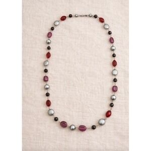 Vintage 90s BW Beaded Station Necklace Grey Faux Pearl Amethyst Red Glass Silver